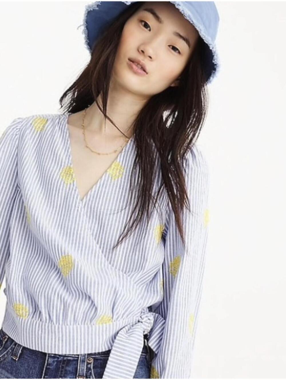 J.Crew Cotton Blue Embroidered Pineapple Striped Wrap Top - Size - Large
